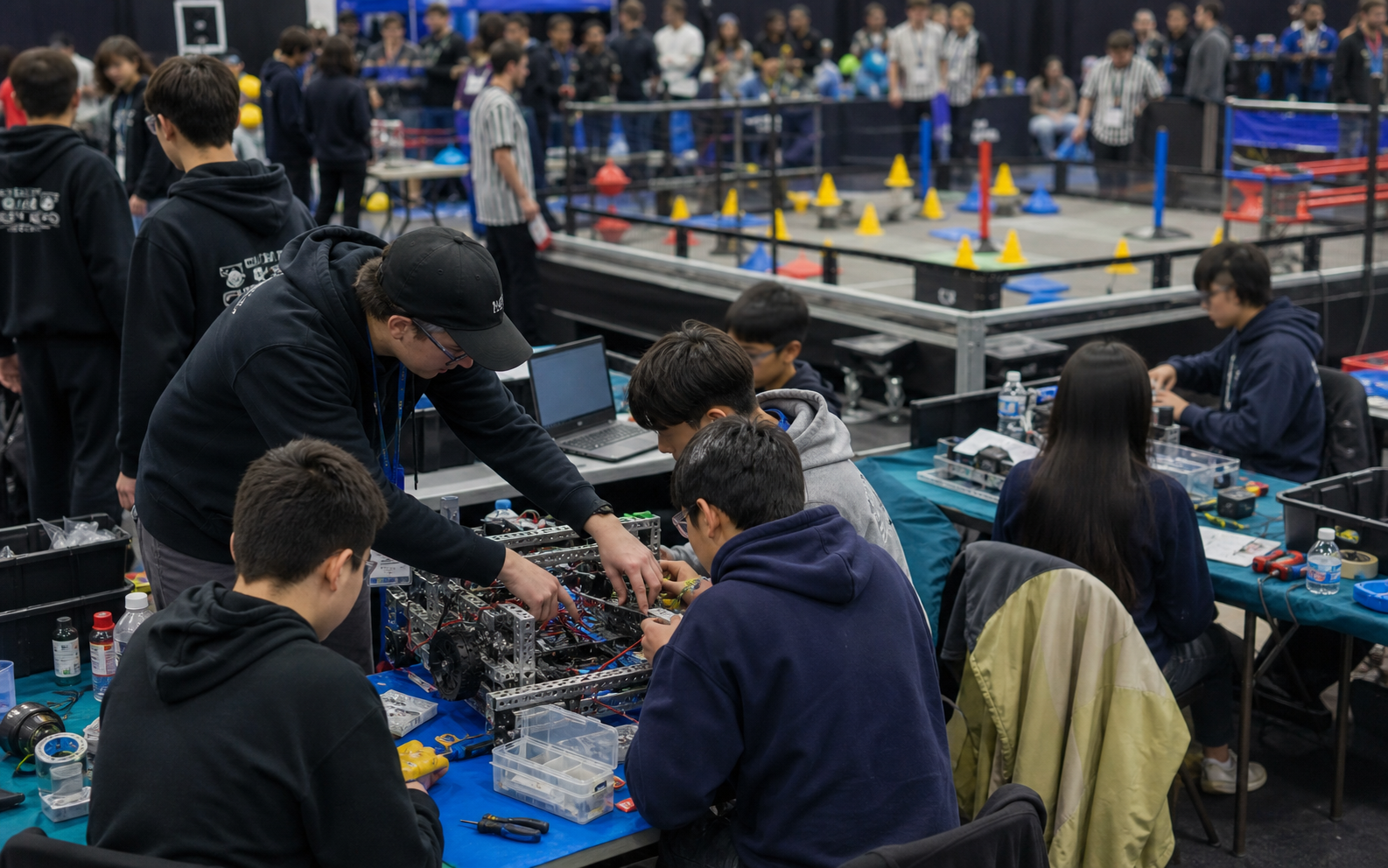 Students and mentors working on VEX robots at a competition pit table.